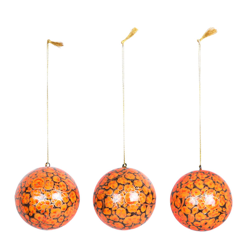 NOVICA Handmade Holiday Evenings Papier Mache Ornaments (Set Of 3), Orange
