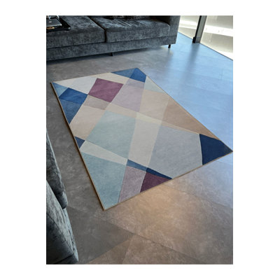 Machine Washable Light Tone Blue Beige Themed Mixed Geometric Shape Patterned Modern Decorative Rug