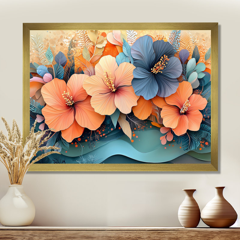 Hibisuc tropical dans une symphonie côtière II - grand hibiscus, art mural, H 30 po x l 40 po, Doré