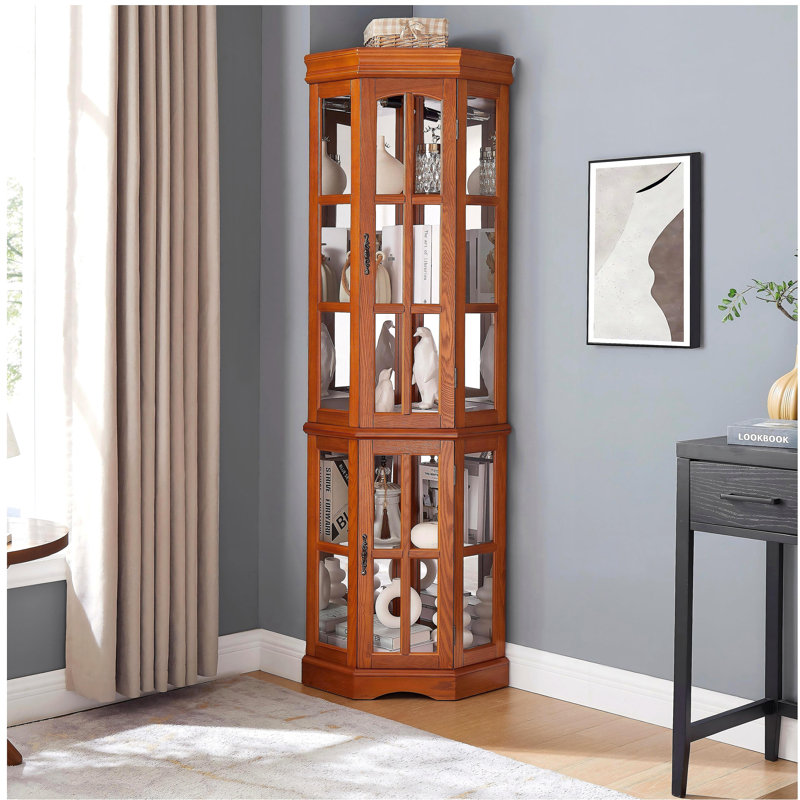 Vitrine de coin avec 5 tablettes et système d'éclairage, chêne (ampoule E26 non incluse)
