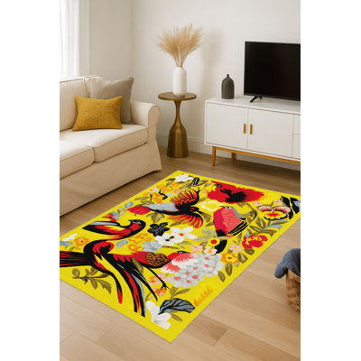 MOSSO Yellow Floral Washable Woven Backing Area Rug