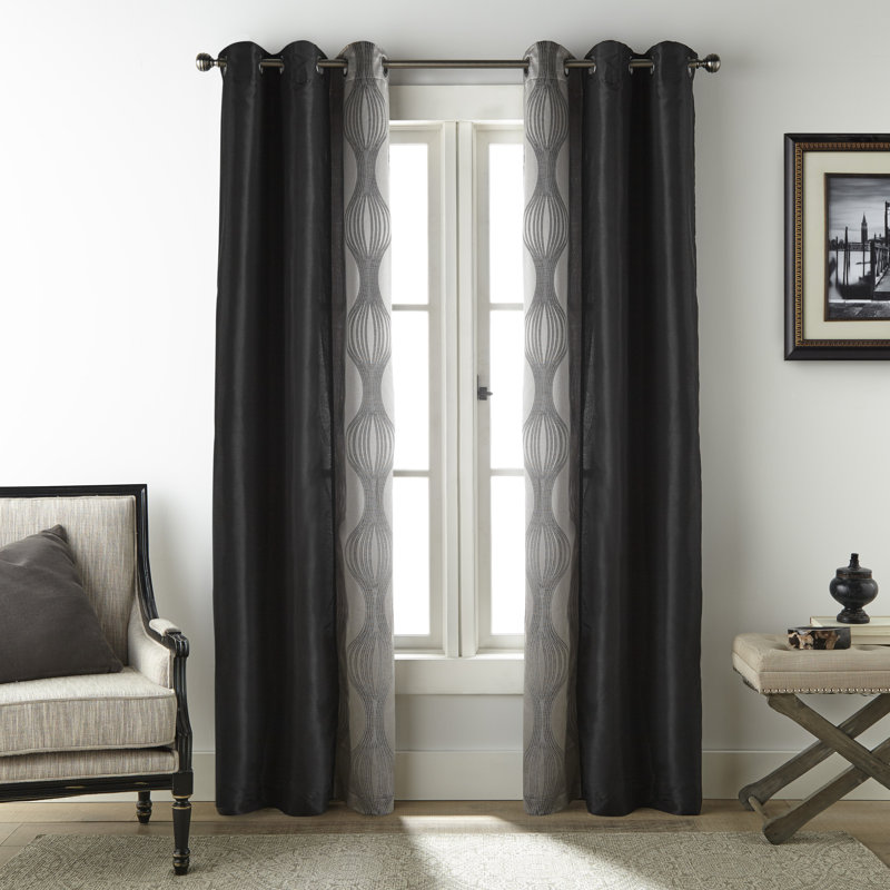 Paire de rideaux semi-transparents avec œillets, Noir / argent