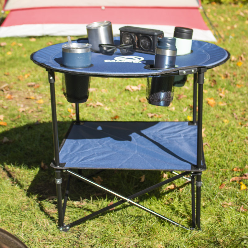 Camp & Go 28" Round Lightweight Fabric Portable Folding Beach Table with Cupholders, Gray