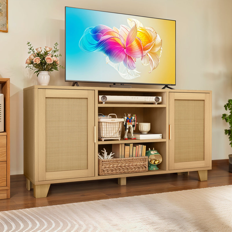 65" Rustic Boho Media Center with Rattan Cabinet Door and Cord Holes