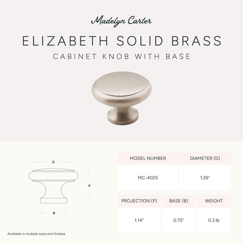 Madelyn Carter Elizabeth Solid Brass Cabinet Knob, Satin Nickel, 1.25"