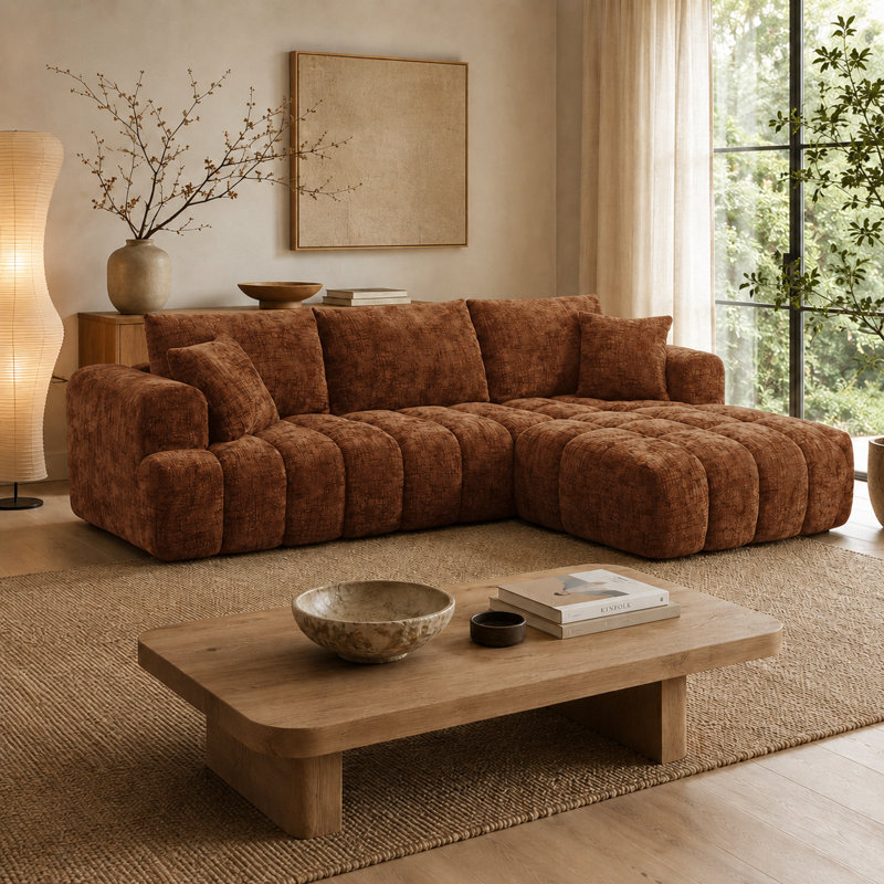 Canapé modulaire rembourré en L 3 pièces avec deux coussins Classic, Orienté à droite, Chenille orange