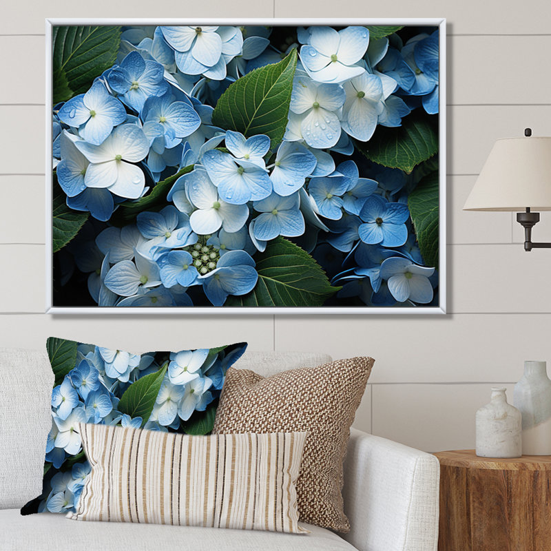 «Blue Hydrangea Field», vue aérienne sur toile, Cadre flottant blanc, H 12 po x l 20 po x P 1 po