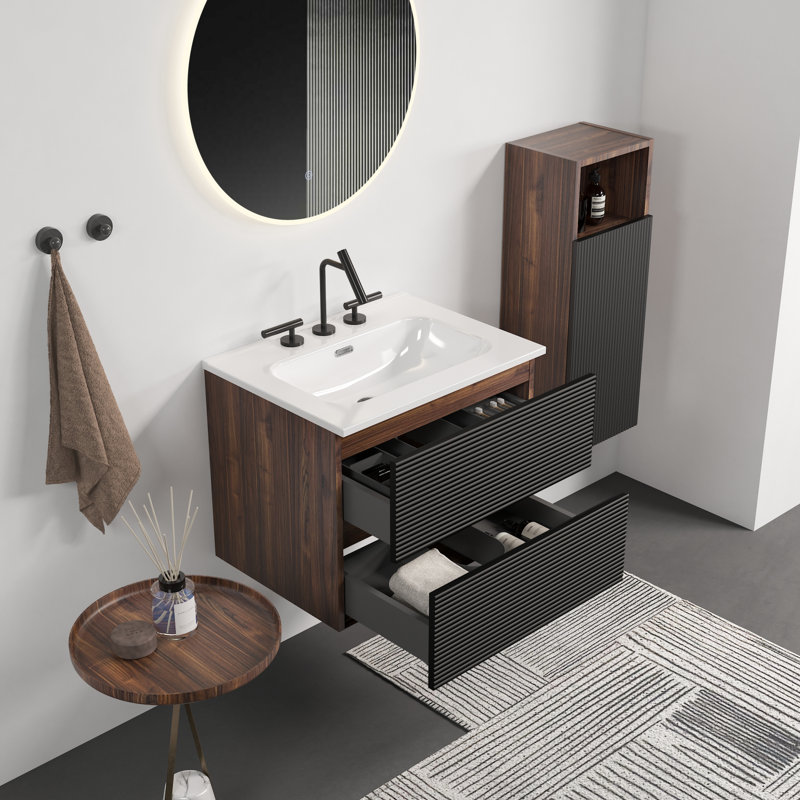 Meuble-lavabo moderne peu encombrant avec lavabo en céramique, noir doux et noyer, grand rangement