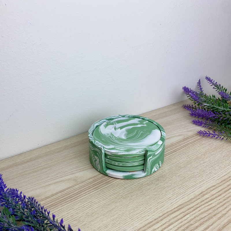 Stoneware Round 4 Piece Coaster Set With Holder, Green