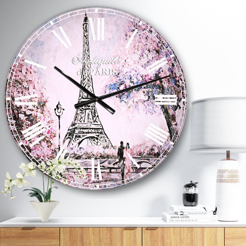 Eiffel with Pink Flowers - French Country wall clock, Medium