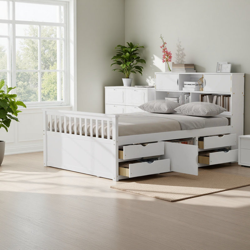 Structure de lit plateforme simple avec bibliothèques et tablettes de rangement, Twin, White