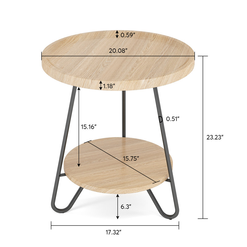 Table de bout en bois, table d'appoint ronde à 2 niveaux avec structure en métal noir, table d'appoint industrielle moderne