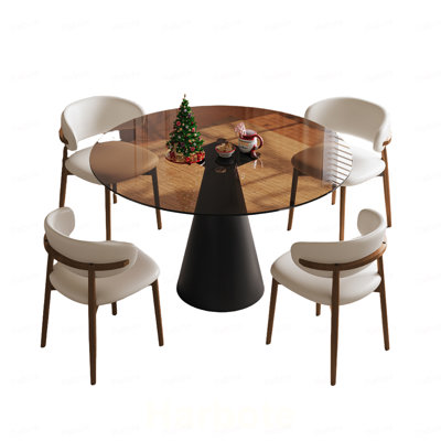 Table de salle à manger ronde de 35 pouces en verre, avec plateau en verre trempé et pieds en acier au carbone. Convient pour 2 à 4 personnes. Petite table ronde brun foncé, idéale pour les restaurants et les appartements. (4 chaises)