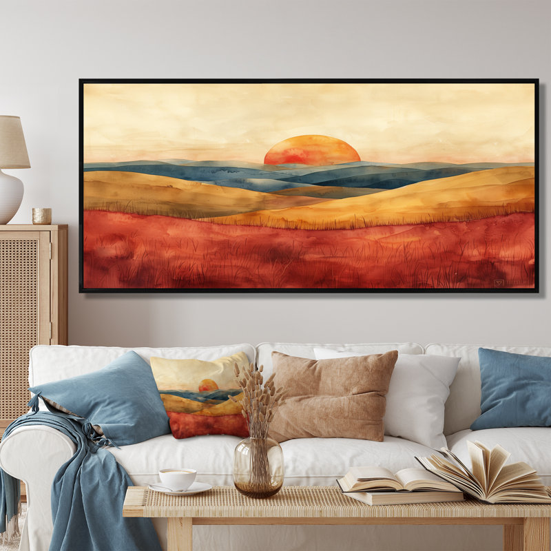 Décoration murale rouge et jaune montagne abstraite - campagne, Gold Floater Framed, H 28 po x l 60 po