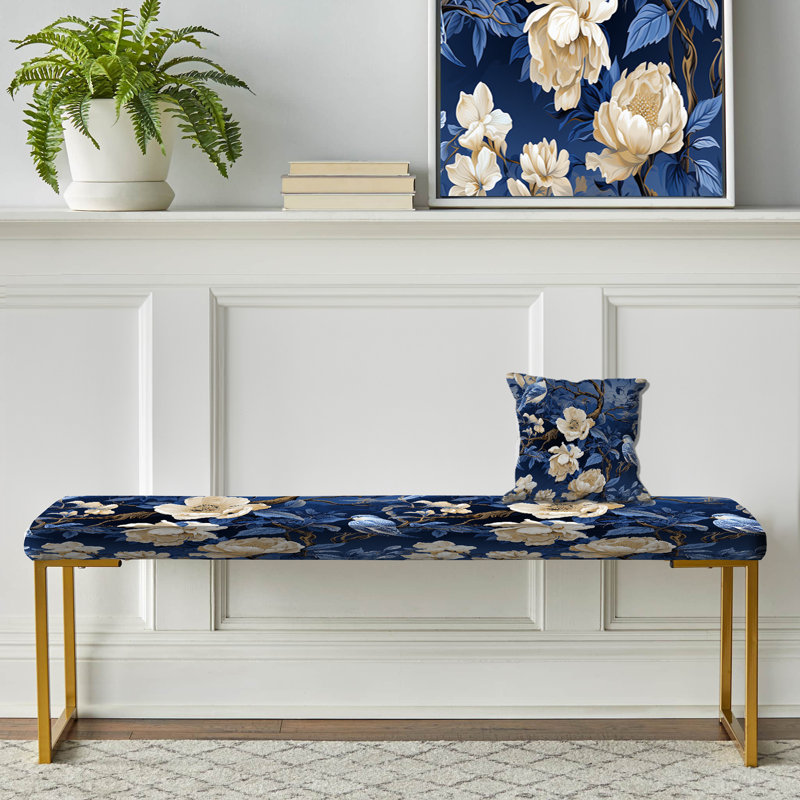 Banc tapissier à motif floral bleu cobalt et style victorien