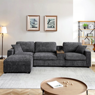 120.3" L-Shaped Sectional Couch With Foldable Table, Cup Holders, , Storage In Armrest - Grey Linen Modern 5 For Primary Living Area 360-Degree Swivel And Wide Seating Space