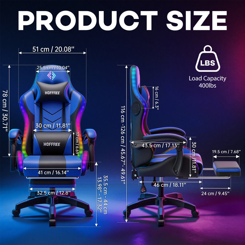 Gaming Chair With Speakers, Video Game Chair With Music Rhythm RGB LED Lights, Ergonomic Comfortable Office Computer Chair For Adults, Adjustable Reclining Chair With Footrest