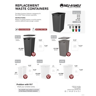 8 L Silver Polymer Replacement Waste Container w/ White Lid for Rev-A-Shelf® Pullouts