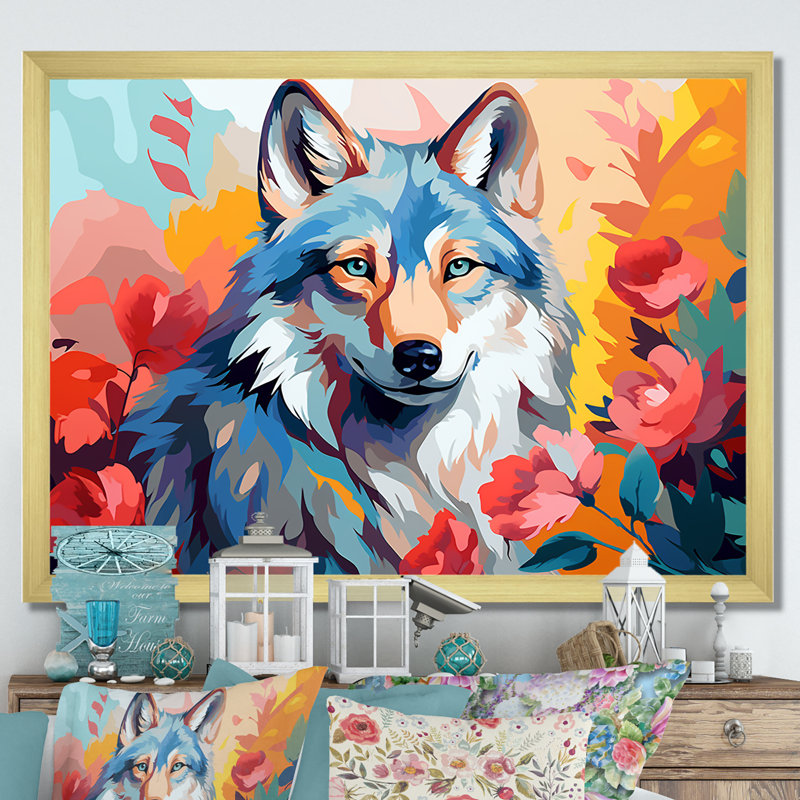 Impressionnant loup coloré impressionniste I - loup, art mural, Cadre doré à coins fermés, H 24 po x l 32 po x P 1 po