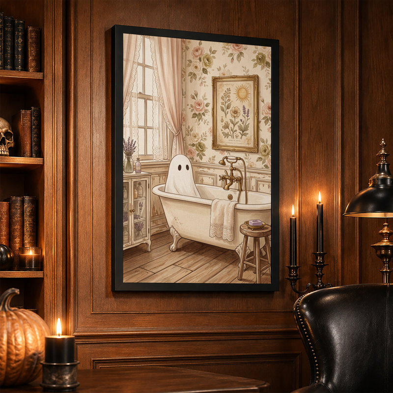 Art mural en toile blanche avec fantôme blanc dans une baignoire rétro d'Halloween, H 18 po x l 12 po