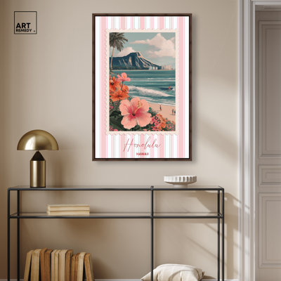 «Honolulu Travel Stamp», impression sur toile encadrée par Art Remedy, cadre en noyer, 24 x 36