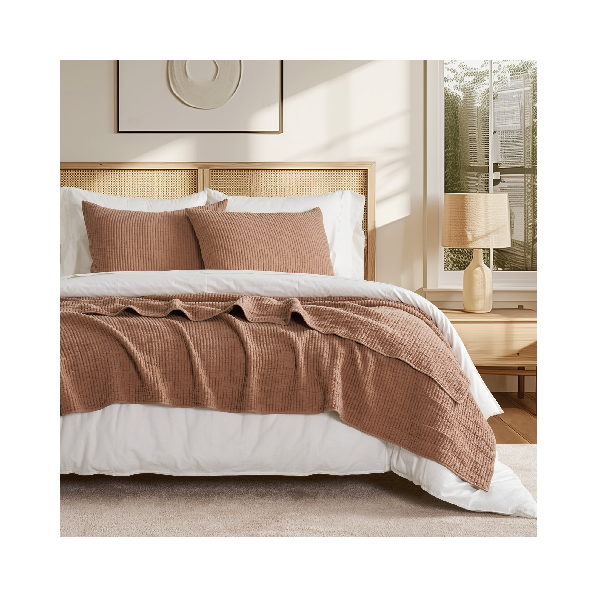 Ribbed Matelassé Cotton Coverlet Set, Clay, King Quilt + 2 King Shams