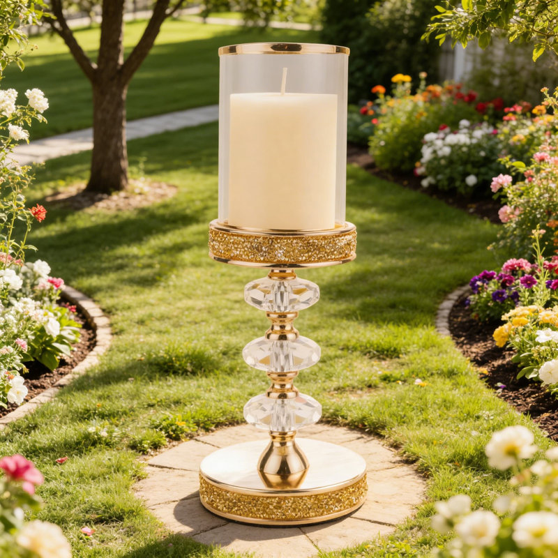 Crystal And Metal Pillar Candle Holder With Hurricane Glass Cover For Weddings, Home Decor, And Table Centerpieces, Gold