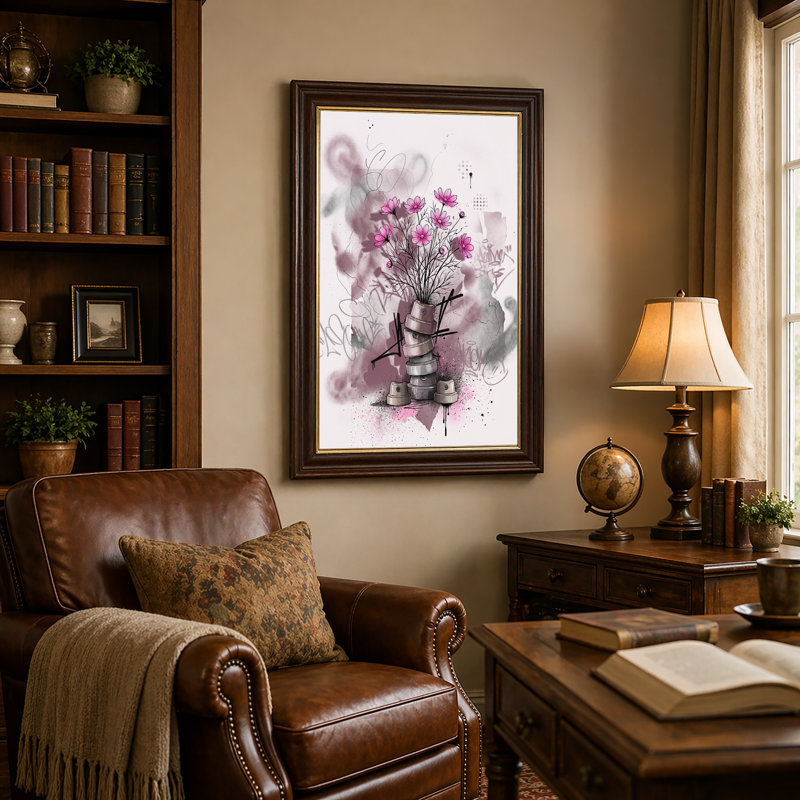 Toile rose sur fond de graffiti, H 24 po x l 16 po