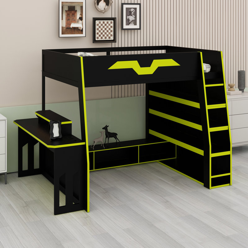 Functional Loft Bed System with Multi-Storage, Customizable RGB Lighting, and Desk with Variable Placement, Green