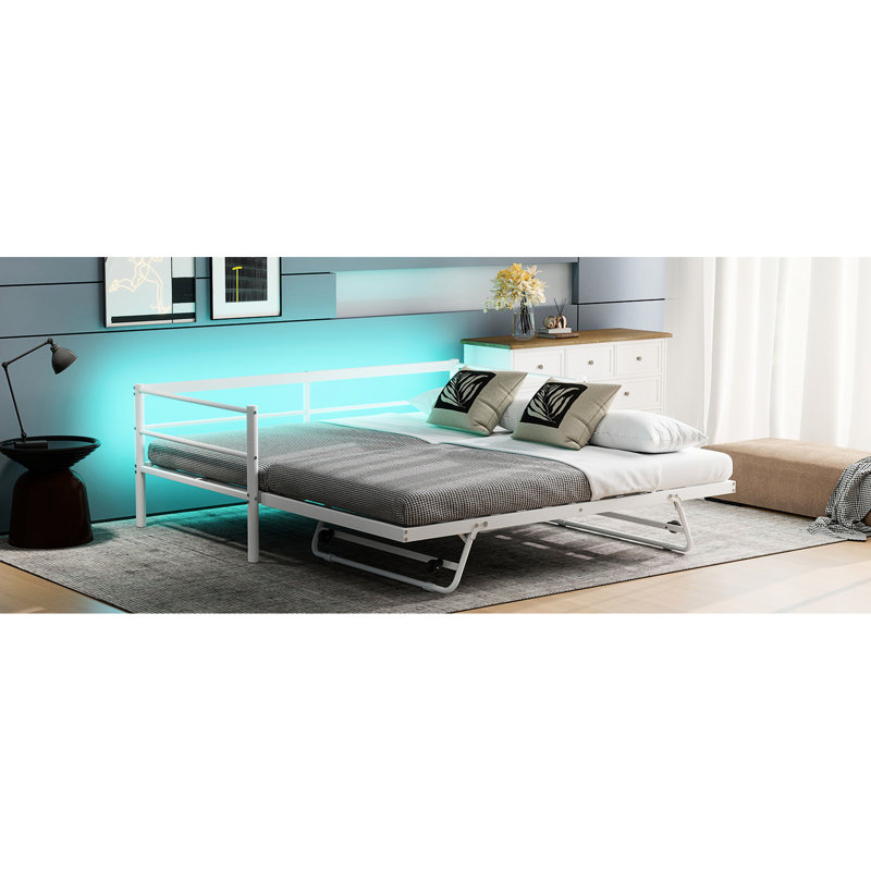 Twin Size, Metal Daybed, Adjustable Led, Pop Up Trundle, White, Seven - Color No Box Spring Size Daybed Featuring White Finish, Led And Heavy Duty Steel Bed For Sleepovers