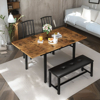 Ensemble de table de salle à manger extensible 4 pièces pour 4 à 6 personnes, ensemble de table de salle à manger de style Mid-Century de 58 po avec table en faux marbre, 1 banc et 2 chaises à dossier, ensemble de table de salle à manger avec abatta
