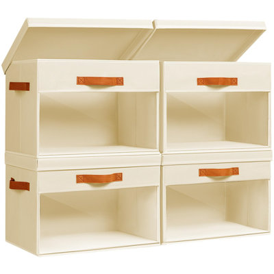 4 Pack Large Fabric Storage Boxes With Lids - Clear Window Foldable Organizer Bins For Clothes, Blankets & Bedding
