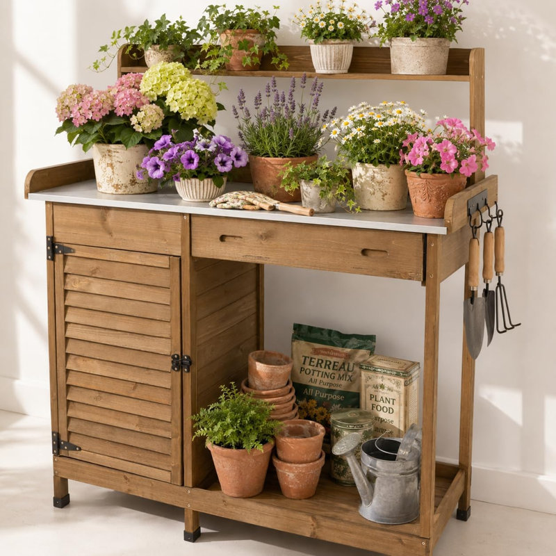 Banc de rempotage en bois 49 po pour l'extérieur avec plateau en métal galvanisé, table de rempotage avec armoire de rangement, tiroir et crochets latéraux, bois de sapin naturel