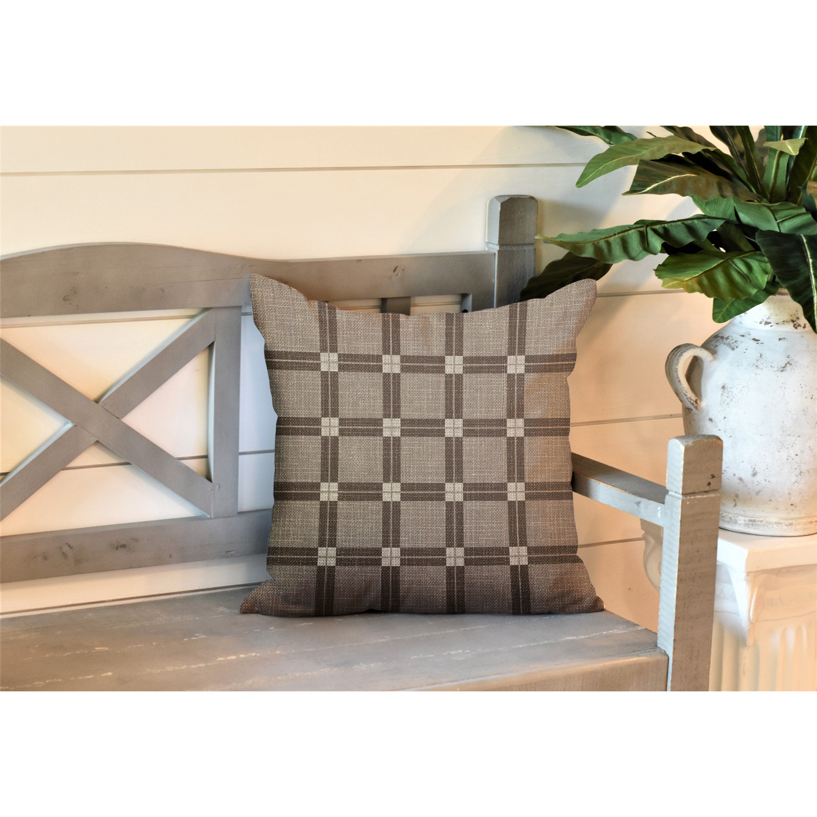 Plaid Indoor/Outdoor Throw Pillow, 17" W x 17" H, Brown
