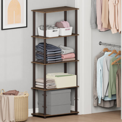 Malcom Toolless Assembly 5-Tier Closet Shelf, Black Closet Organizer, Open Shelf Closet Organizers and Storage, for Wardrobe, Living Room, Walnut