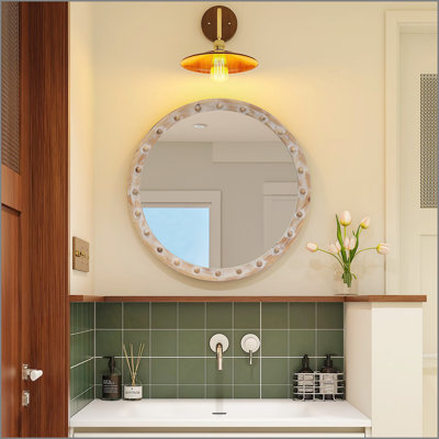 Vintage Rustic Round Wall Mirror (23.62" x 23.62") - Distressed Wood Frame with Rivet Detail, Decorative Hanging Mirror for Bathroom, Bedroom, Entryway