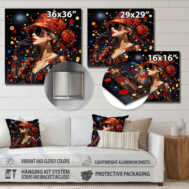 Red Fashion Portrait Pointillism II - impression sans cadre sur métal, H 16 po x l 16 po x P 1 po