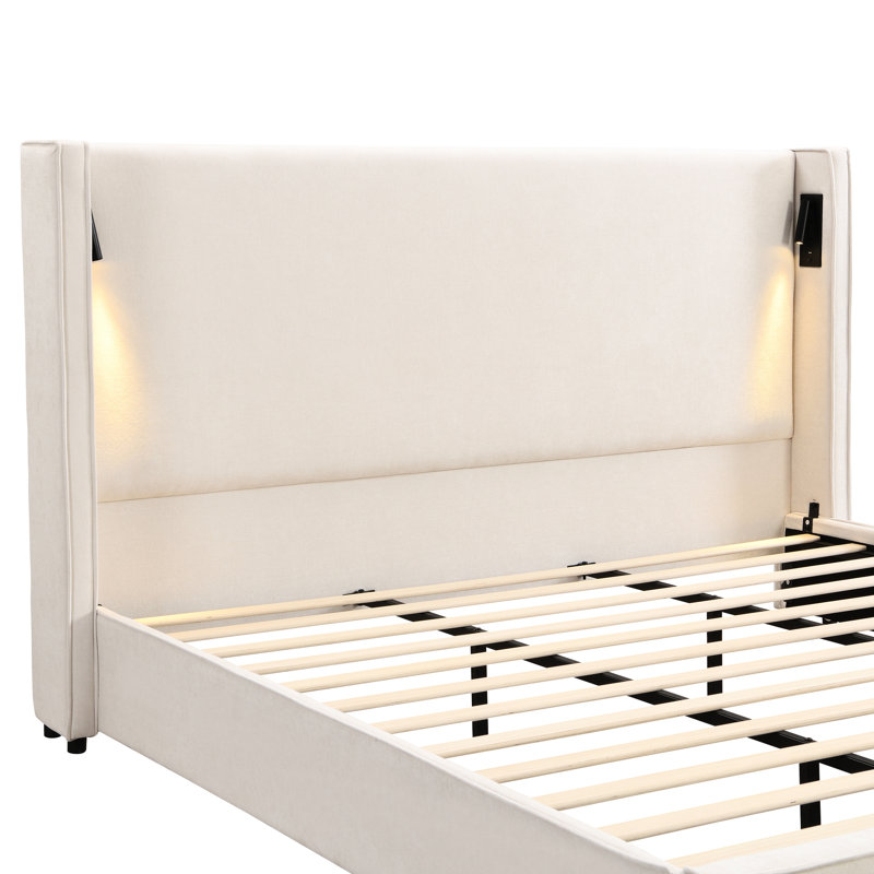 King Size, Upholstered Bed Frame, Beige, High Wingback Headboard, Adjustable Reading Lamp, , Soft Foam, No Box Spring, Easy Setup Size Beige With Lamp And Comfortable Upholstery, Wood Support, Quick