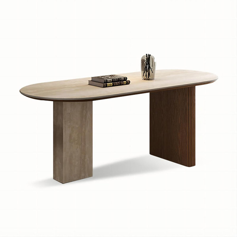 Table de salle à manger beige / brun en pierre frittée ovale + bois massif, H 29,53 po x L 55,12 po x l 31,5 po