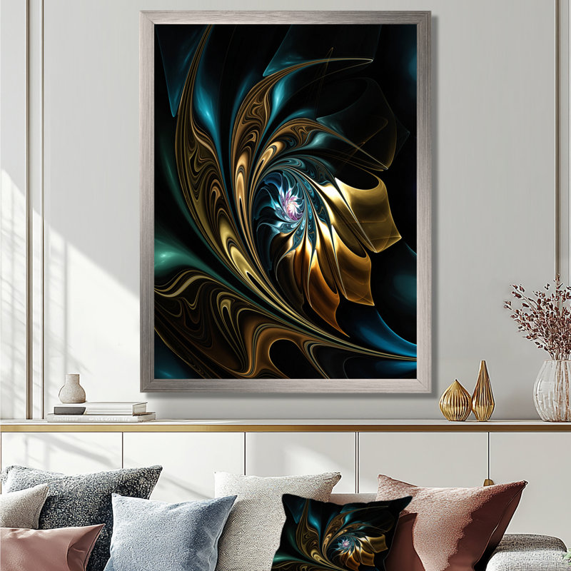 Fleur noire dorée moderne - art mural fleur fractale, impression avec fleur noire, H 20 po x l 12 po, Cadre flottant, Argent