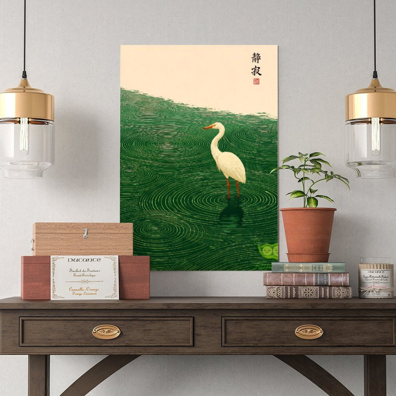 Reproduction d'art sur toile, héron blanc sur l'eau verte, affiche rétro, 12x18in