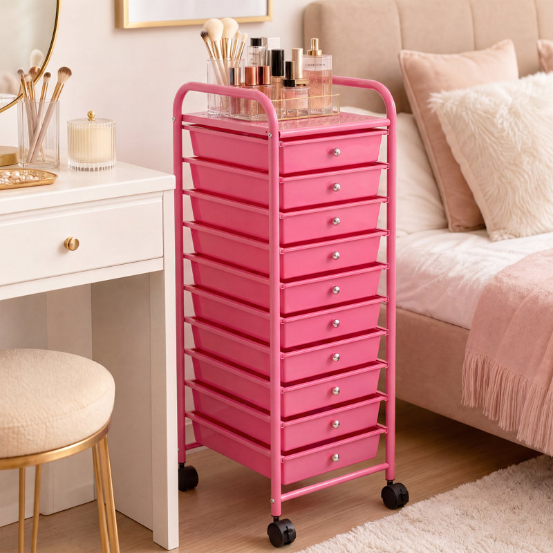 Chariot de rangement à roulettes à 10 tiroirs pour le bureau et la maison - Chariot utilitaire mobile à roulettes - Organisez vos fournitures de loisirs créatifs, maquillage et produits de base pour l'entraînement - Rose rouge
