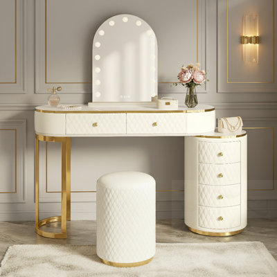 3-Color LED Vanity Table With Stool And Movable Side Cabinet
