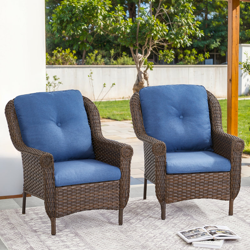 Habbe Outdoor Wicker Patio Chairs Set Of 2 With Olefin Cushions Weather-Resistant, Blue