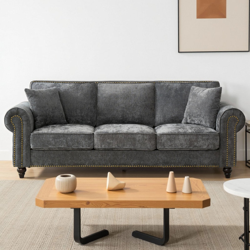 Canapé 86 po moderne à 3 places avec accoudoirs roulés et garniture cloutée, canapé rembourré en chenille avec pieds en bois massif pour salon et appartement (capacité de 700 lb)