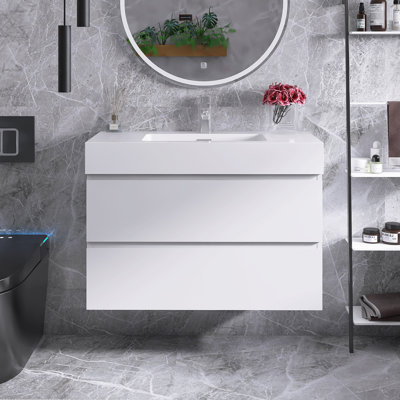 36 po Meuble-lavabo mural simple avec plateau en résine blanc