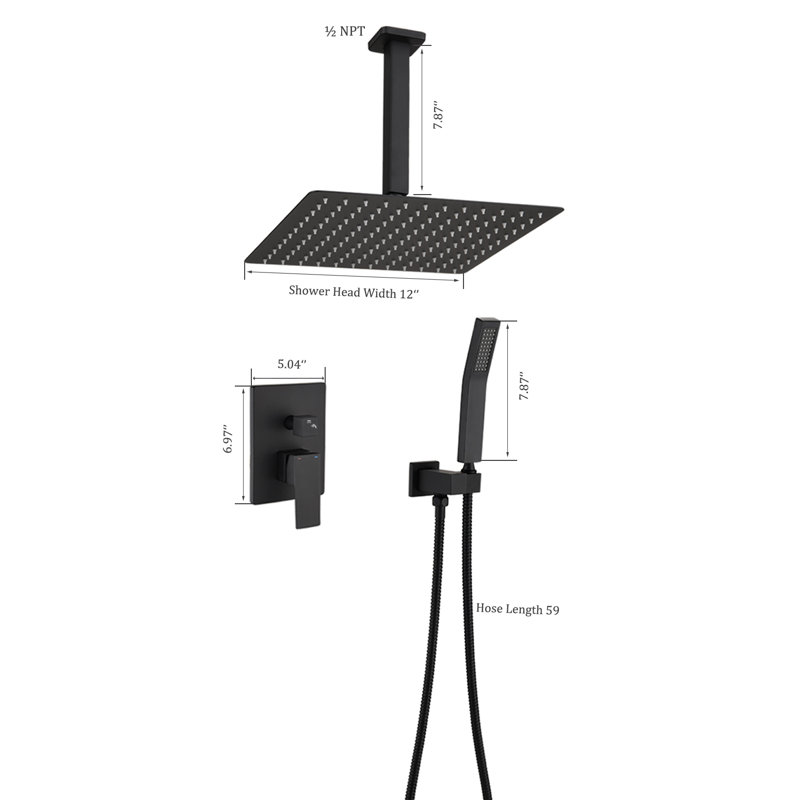 Système de douche carré complet de 12 pouces avec valve brute
