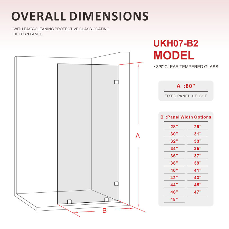 UKH07B2 48 in. W x 80 in. H Frameless Fixed Shower Glass Panel in Chrome with 3/8 in. Clear Tempered Glass, Chrome