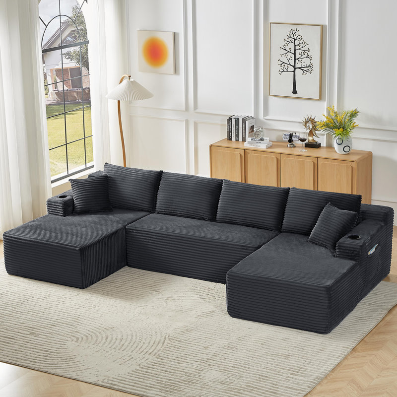 Canapé modulaire compressible en forme de U de 133,5 po avec porte-gobelet et poche latérale - aucun assemblage requis, Gris
