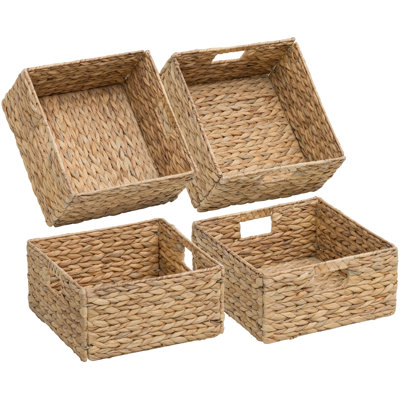 12" W x 12" D Square Natural Water Hyacinth Hand Woven Rattan Wicker Storage Basket Set with Iron Wire Frame (Set of 4)